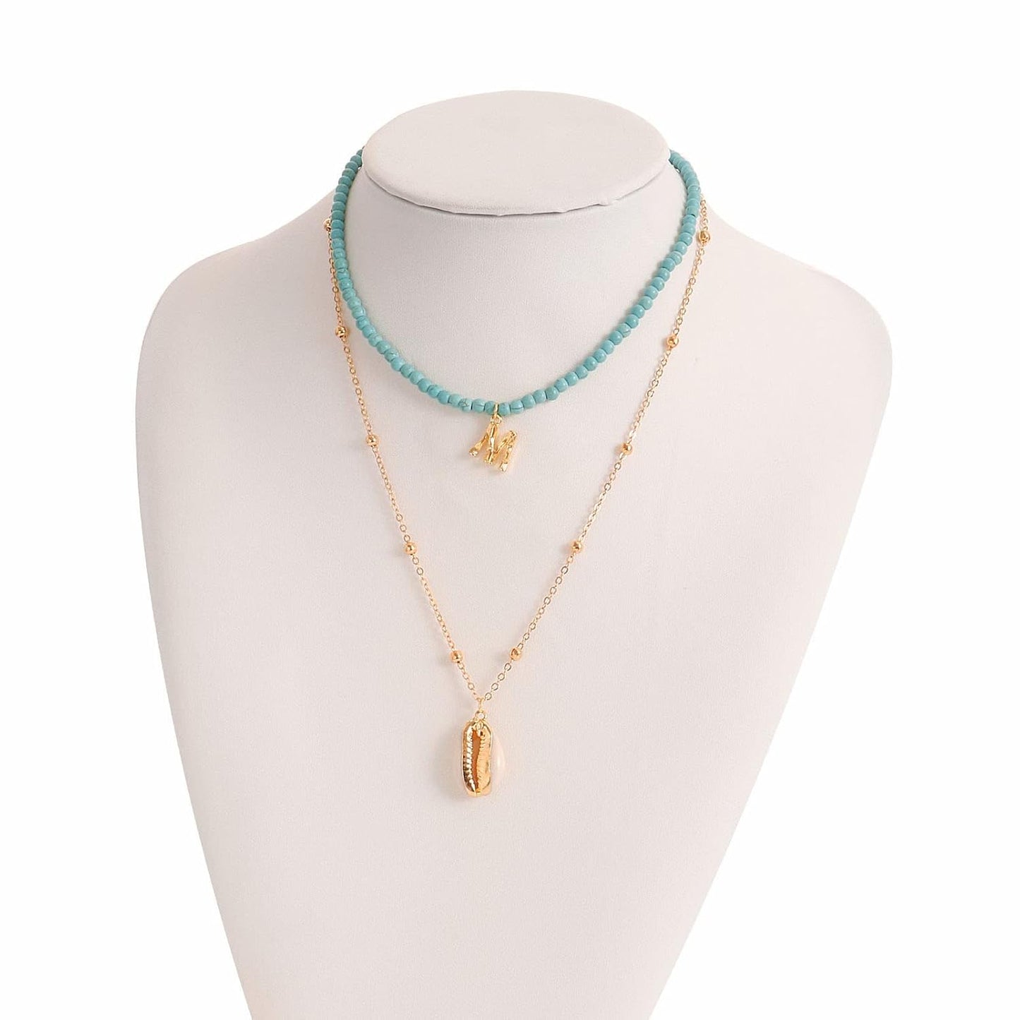 Bohemia Turquoise Beaded Choker Necklace Layered Shell Pendant Necklace Gold Letter Clavicle Necklace Double Layer Satellite Chain Necklace Jewelry for Women and Girls