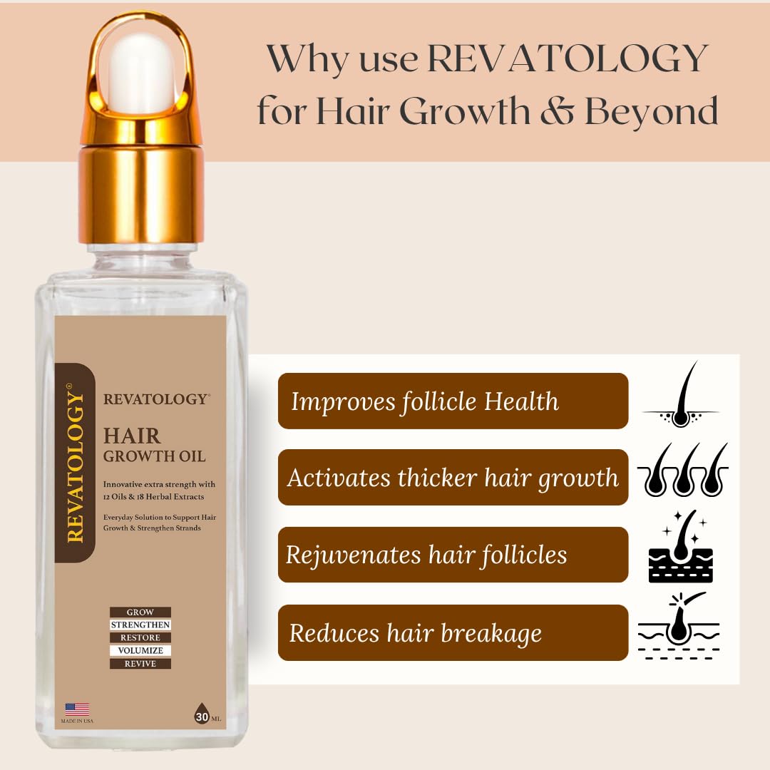 REVATOLOGY Hair Growth Oil – Extra Strength Formula with 12 Oils & 18 Herbal Extracts – Strengthens, Restores & Revives Hair – Natural, Clean, Non-Toxic