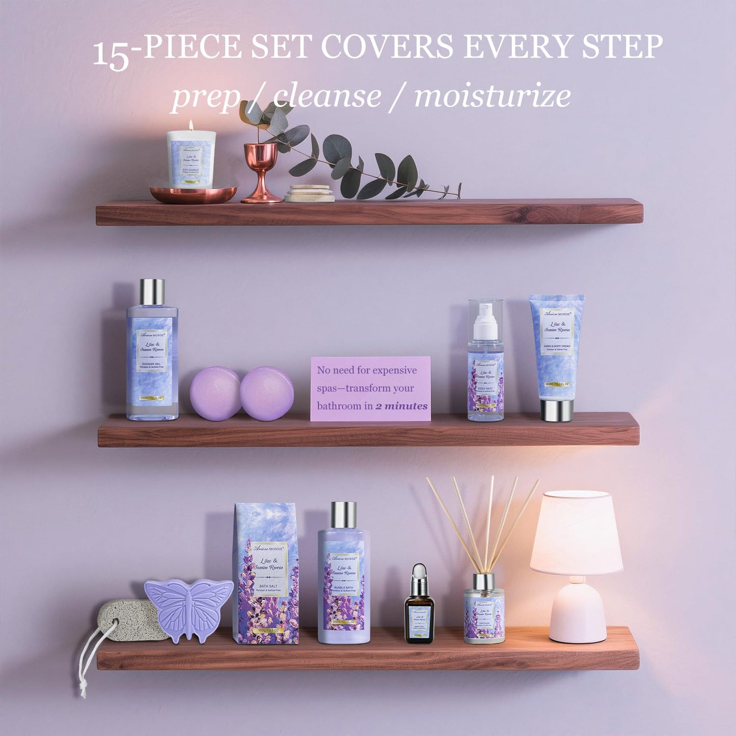 Gift baskets for women, 15Pcs Lilac Women Bath Gift Baskets w/Body Mist, Diffuser, Bath Bomb. Unique Relaxing Spa Gift Basket Set, Mothers Day Gifts for Mom Wife Grandma Daughter Friends Sister