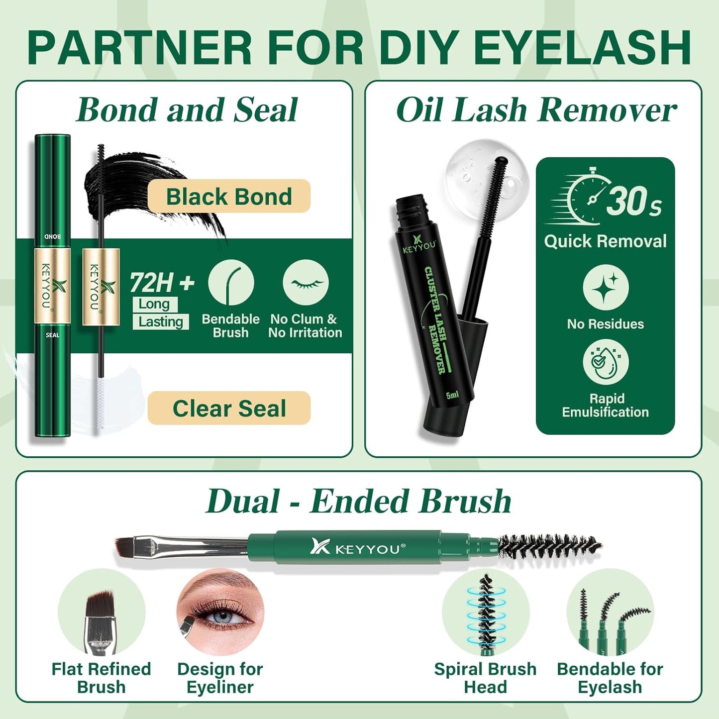 KEYYOU Lash Extension Kit Mixed 5-16mm Eyelash Extension Kit with Bottom Lashes Multi-Type Lash Clusters with Bond and Seal Applicator and Remover DIY at Home