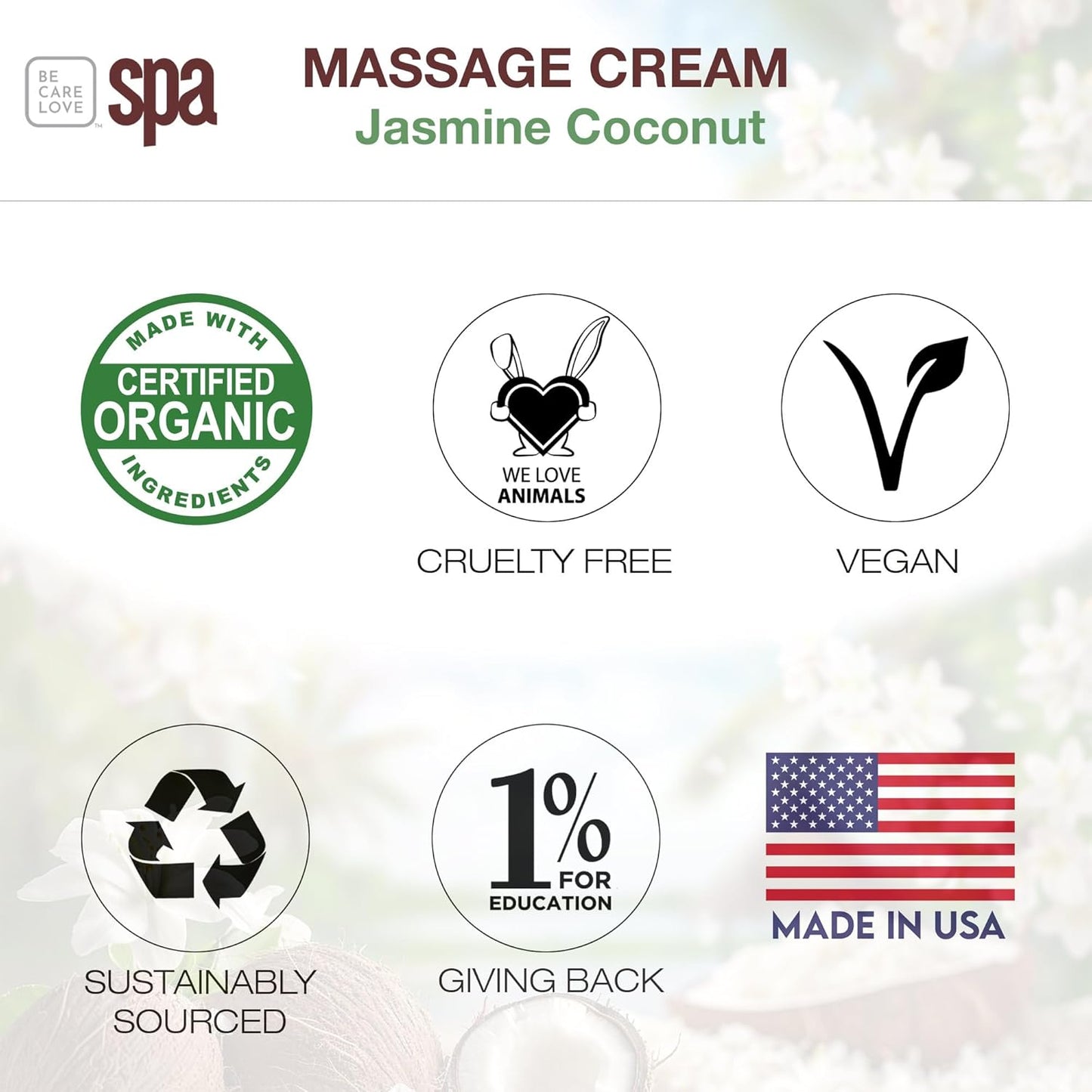 Be Care Love (BCL) Spa Massage Creams (16 fl oz, Jasmine & Coconut)