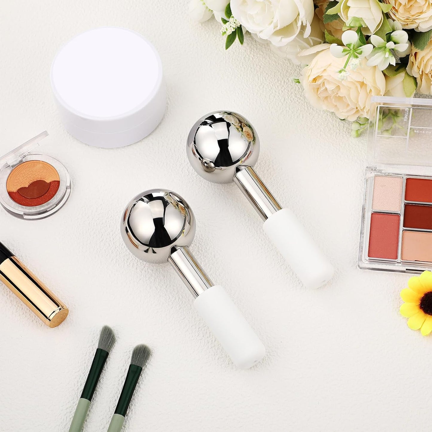 Baderke 2 Pcs Ice Globes for Face Stainless Steel Cooling Globes Unbreakable Cooling Roller Women Ice Balls Cryo Sticks Face Skin Care for Dark Circles, Puffiness(Silver (white Handle))