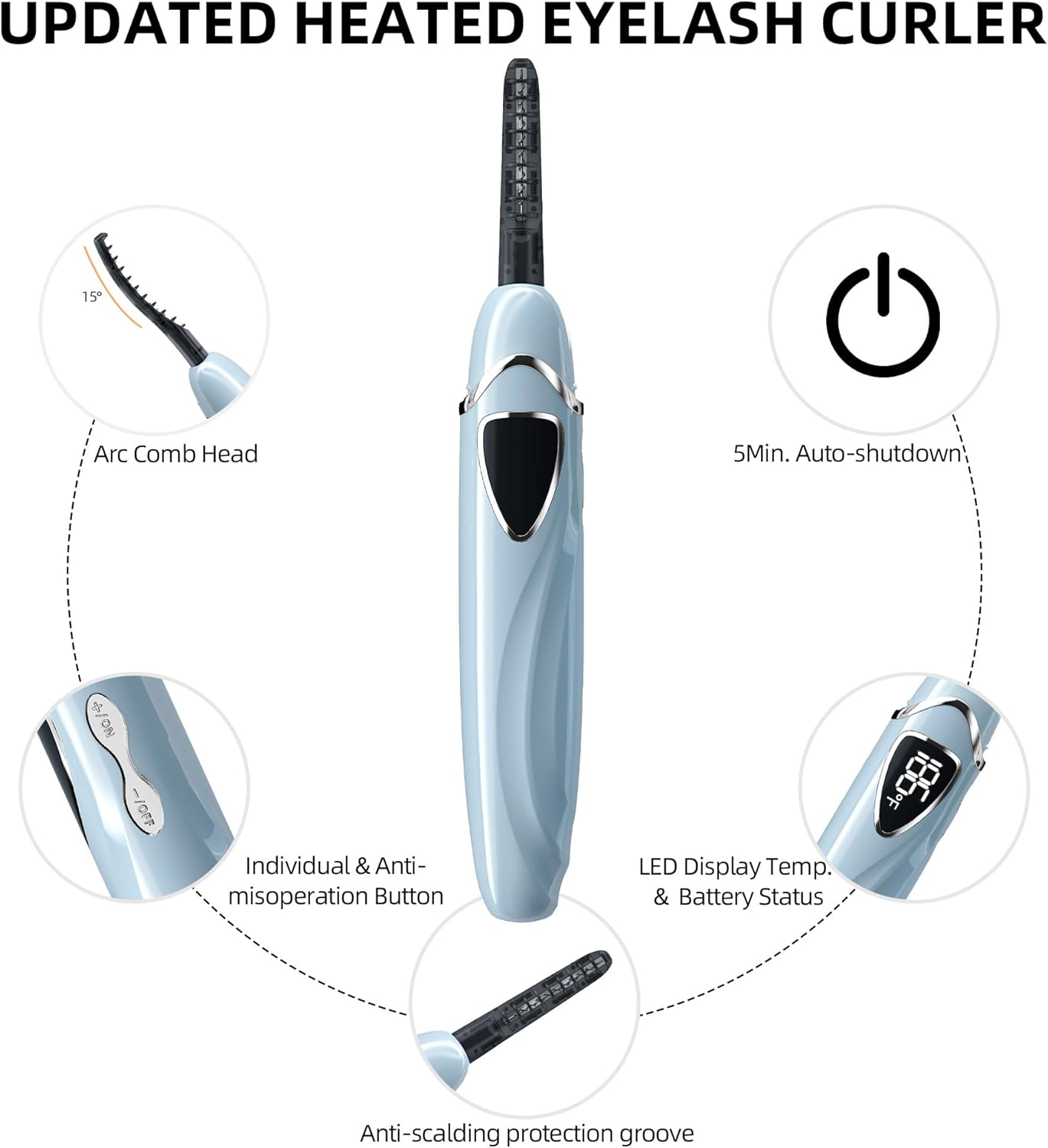 ZAPAL Heated Eyeash Curler, S600 Rechargeable Heated lash Curler, Intelligent Power Off Electric Eyelash Curler Heated Quickly 24 Hs Lasting Natural Makeup for Woman (Angel Blue/Silver, S600-148MM)