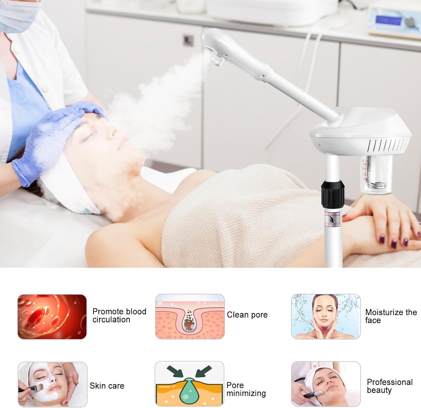 Professional Facial Steamer, Stand Ozone Face Steamer on Wheels, Adjustable Height and Angle,Estheticians Steamer More Steam,Hot Mist Facial Humidifier Atomizer for Spa Beauty, Home Use