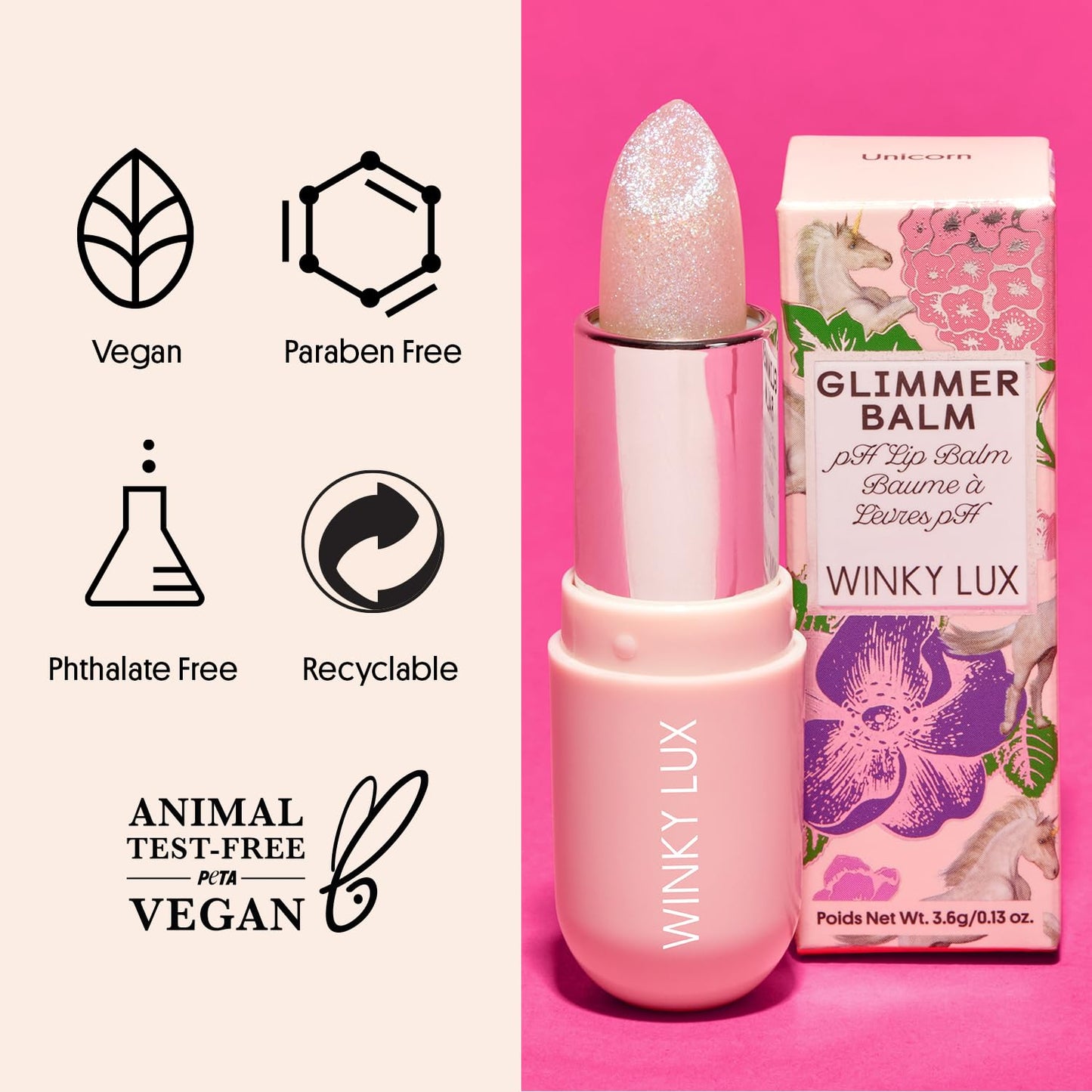 Winky Lux Unicorn Glimmer Balm -Hydrating ph Lip Balm, Natural Pink Tint with pH Color Changing, Moisturize & Soften Lips While Leaving Sheer Pink Tint, with Vanilla Scent