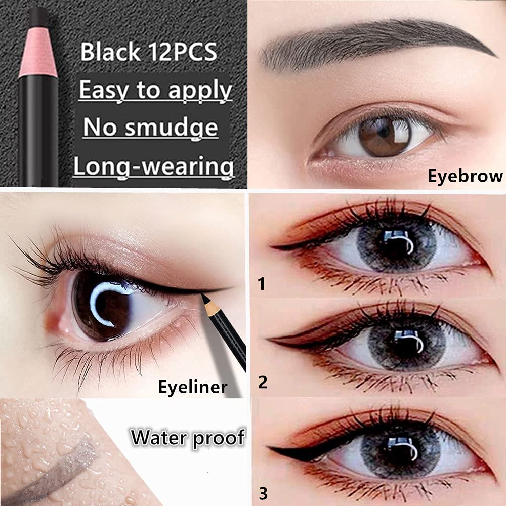 Go Ho 12 PCS Black Eyebrow Eyeliner Pencils,Sweatproof Eyebrow Pencil,Long-lasting Nice Color Eye Brow Gel Pen Makeup Brow Tint Sticks(Black)