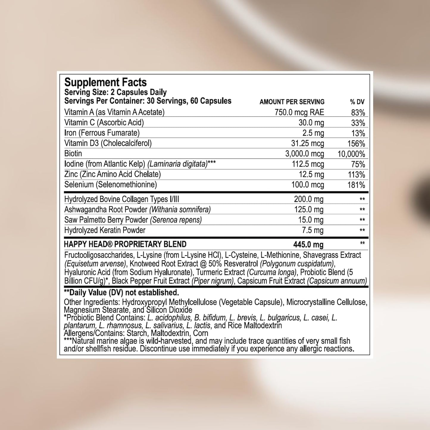 Happy Head Hair Growth Supplement for Men and Women – Thicker, Fuller Hair with Saw Palmetto, Ashwagandha, Biotin, Collagen, Keratin, Probiotics & Vitamins A & D – One Month Supply – 60/ct