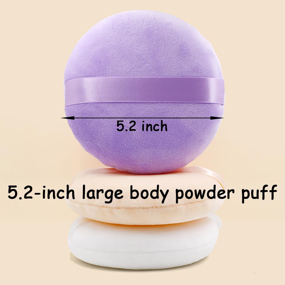 2 Pack Extra Large 5.2" Purple Powder Puffs and 5.3" Glass Container – Oversized Dusting Powder Jar with Puff Powder Holder Case(Clear Glass)