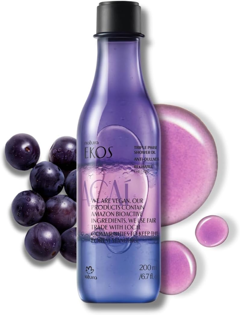 natura - Ekos Açaí Triple Phase Shower Oil - Revitalizing In-Shower or Bath Body Oil - Anti-Dullness - Scented - Bath Oil - Skin Moisturizer - Vegan Skin Care - Brazilian Beauty - 6.7 fl oz (200ml)