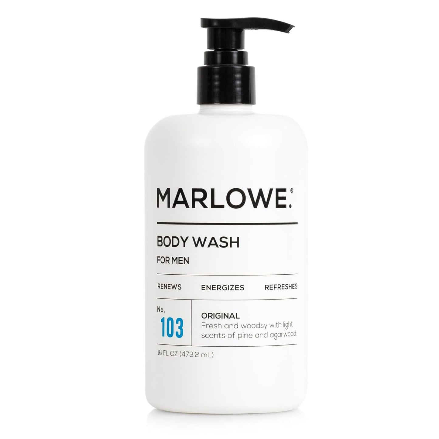 MARLOWE. No. 103 Body Wash 16 oz Pump, Original, Energizing & Refreshing Shower Gel with Willow Bark & Green Tea Extracts, Cleanses, Moisturizes, Smooths & Nourishes, Fresh Pine & Agarwood Scent
