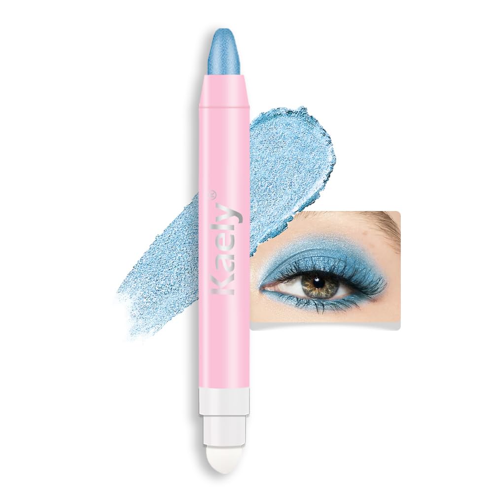 evpct 1Pcs Sky Blue Shimmer Cream Eye Shadow Brightener Sticks for Eyes Waterproof Pigmented, Double Ended Cream Eyeshadow Stick Pencil Pen with Applicator, Eye Shadow Palette Highlighter Makeup 10