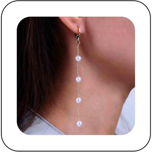 Boho Pearl Dangle Earrings Long Pearl Chain Earrings Gold Pearl Tassel Earrings Vintage Pearl Hoop Huggie Earrings Jewelry for Women