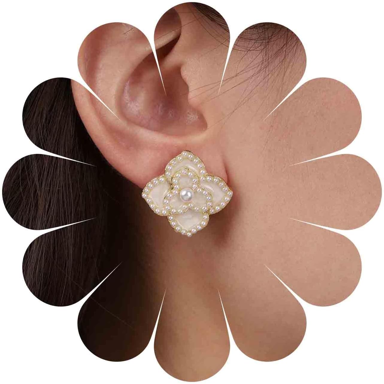 Vintage Pearl Flower Earrings Gold Pearl Stud Earrings Large Camellia Earrings Enamel Camellia Flower Petal Earrings Jewelry for Women