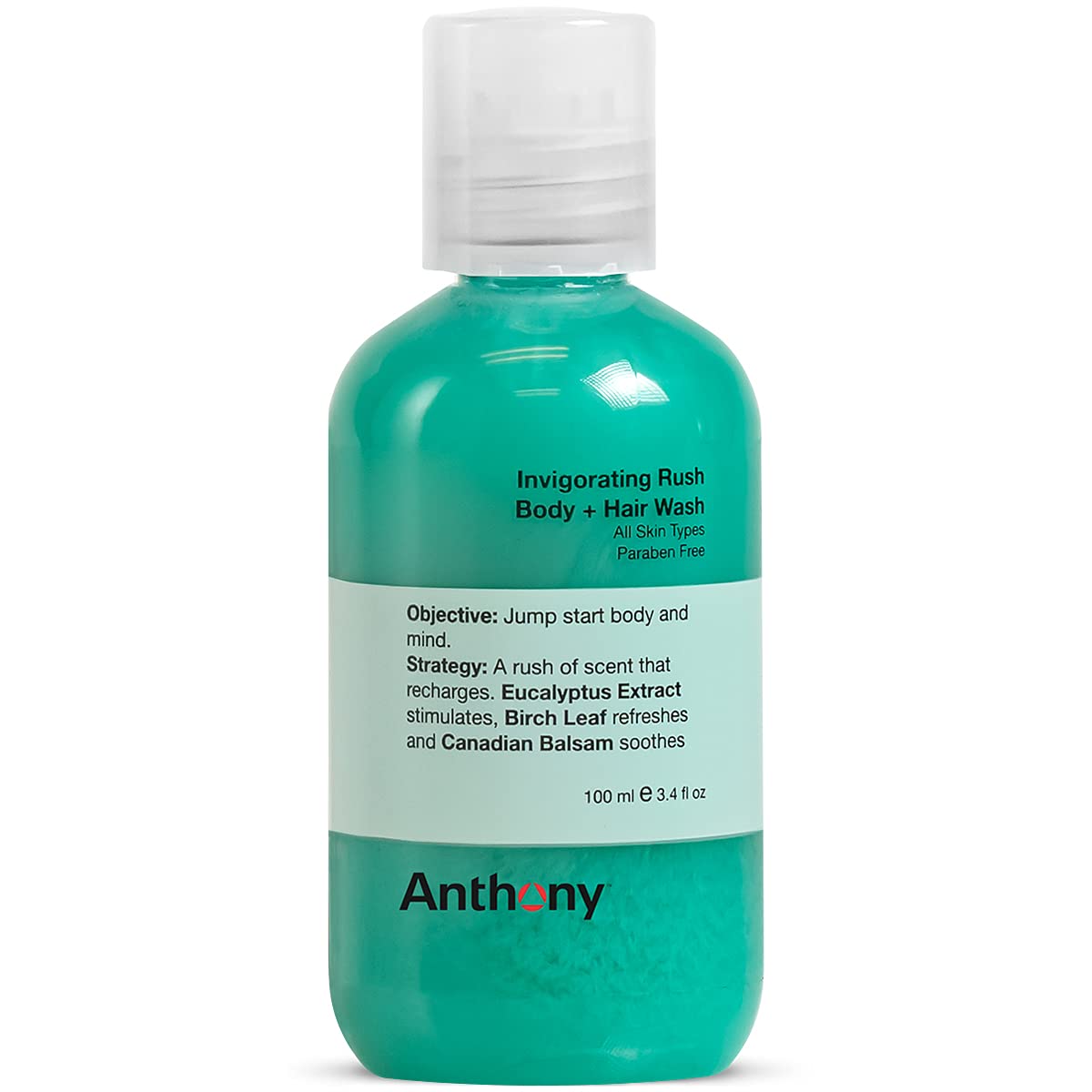 Anthony Mens Body Wash and Shampoo: Invigorating Rush 2-In-1 Liquid Gel Soap & Hair Shampoo, Pine Wood Scent, Hydrating with Eucalyptus, Canadian Balsam, Birch Leaf, Charcoal, Sea Kelp, 3.4 Fl. Oz