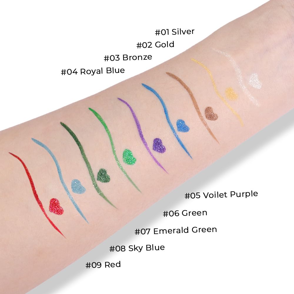 Sky Blue Metallic Glitter Liquid Eyeliner Pen – Long-Lasting Sparkly Waterproof Eyeliner for Women & Men – Tattoo-Effect Eye Makeup for Parties – Delineador de ojos líquido con 08