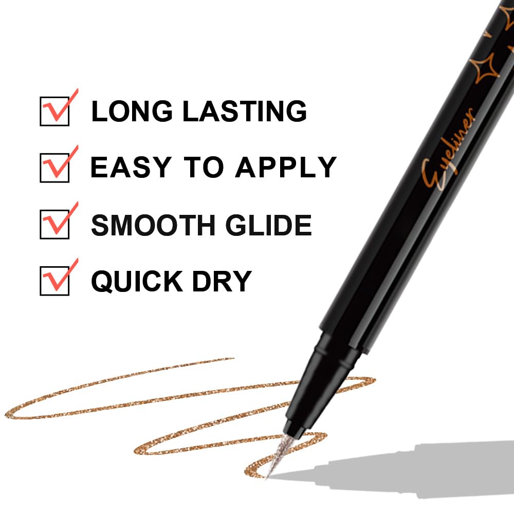 Bronze Brown Metallic Glitter Liquid Eyeliner Waterproof Pen – Long-Lasting Sparkly Waterproof Eyeliner for Women & Men – Tattoo-Effect Eye Makeup for Parties – Delineador Líquido con Brillo 03