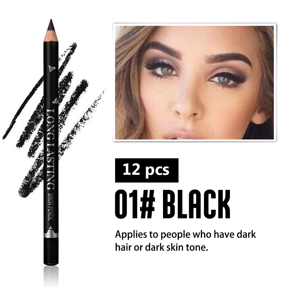 12Pcs Eyebrow Pencils for Women, Wooden Hard-Core Black Eyebrow and Eyeliner Pencil, Long Lasting Waterproof and Sweat-Proof, Beginner Makeup Brow Pencil, Create a Natural Eye Brow Makeup