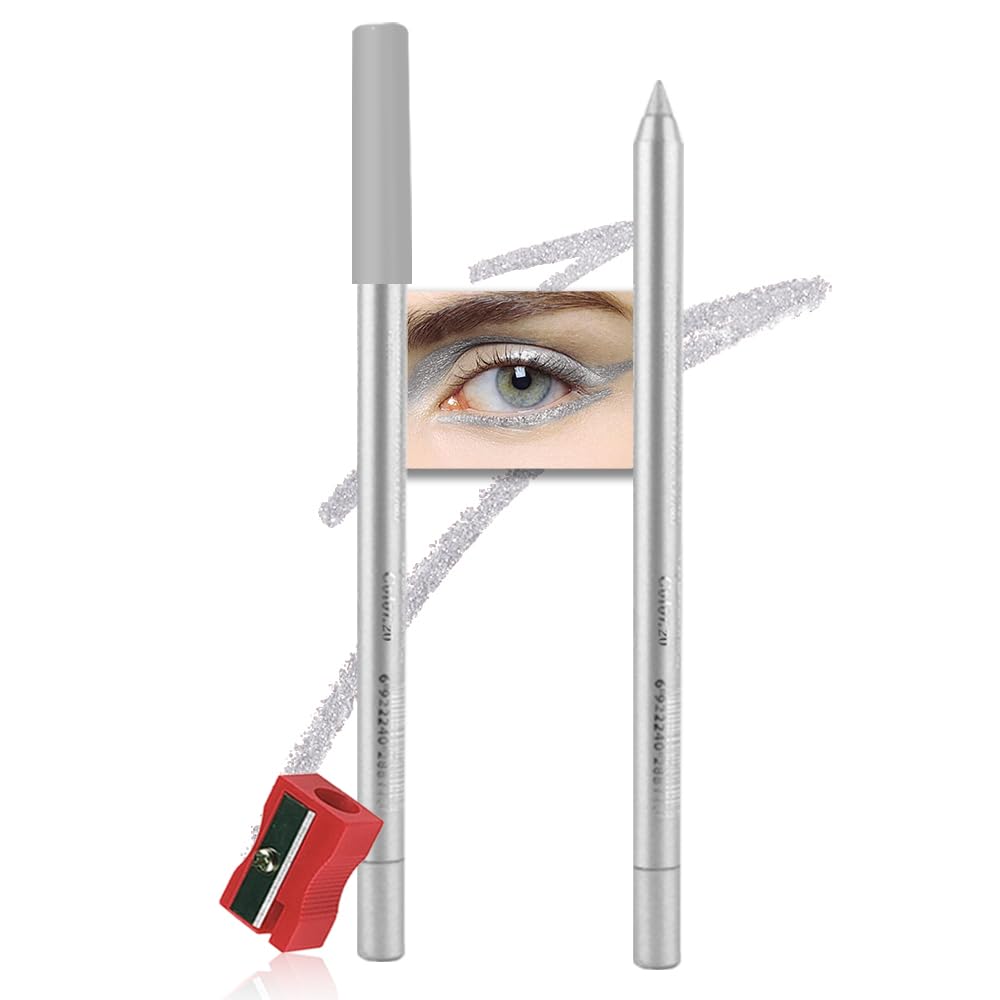 evpct Silver Gray Glitter Eyeliner Pencil for Eyes, Silver Grey Metallic Shimmer Eye Liner Pencil Makeup Waterproof Smudge Proof, Colored Gel Waterline Eyeliner, Face Eye Paint Stick Halloween Makeup