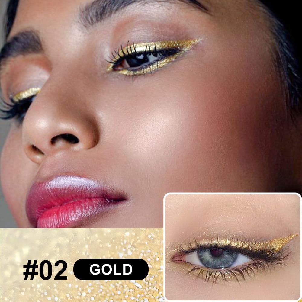 evpct 1Pcs Gold Liquid Eyeliner Makeup, Gold Glitter Metallic Shimmer Colored Eyeliner Liquid Eye Liner Eyeshadow Pencil Face Body Glitter Makeup, Longwear Waterproof, Fake Eyelashe Mascara Accessorie
