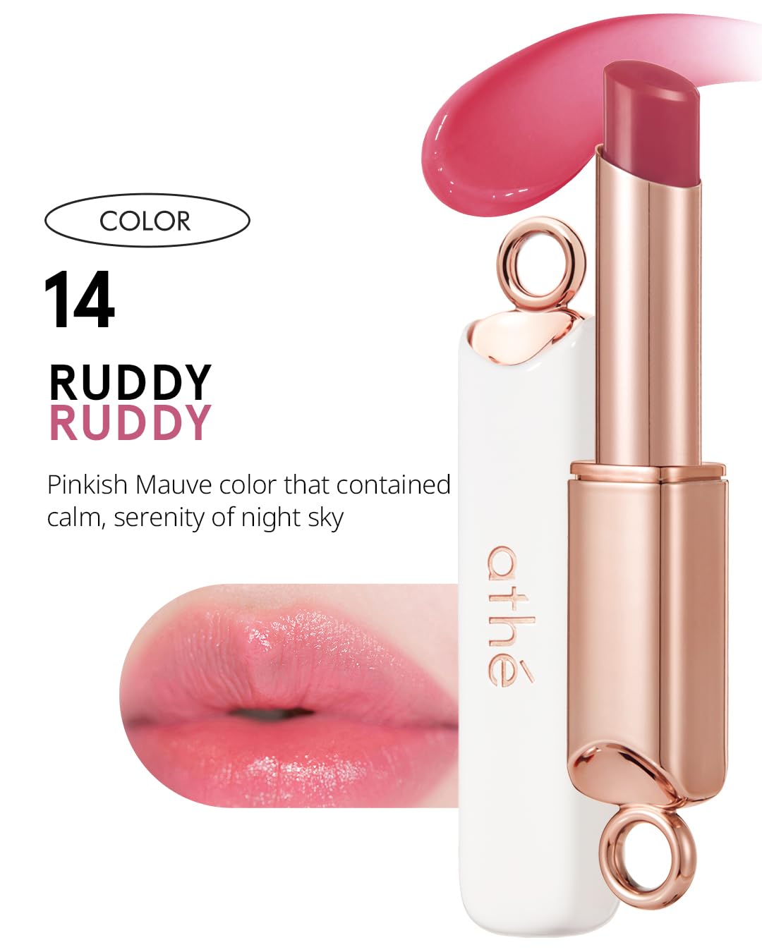 ATHÉ Authentic Lip Balm 14 RUDY, Korean Vegan Color Lip Blam, Long Lasting Buildable Glow Lip Balm without Stickiness, Cruelty-Free, Clean-Beauty, 0.11oz.