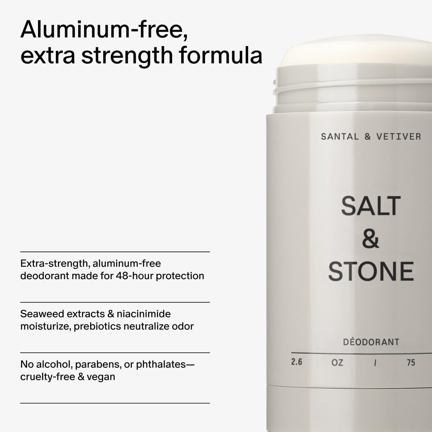 SALT & STONE Aluminum Free Deodorant | Extra Strength 48 Hour Protection for Women & Men | Made with Seaweed Extracts, Shea Butter & Prebiotics (Santal & Vetiver)