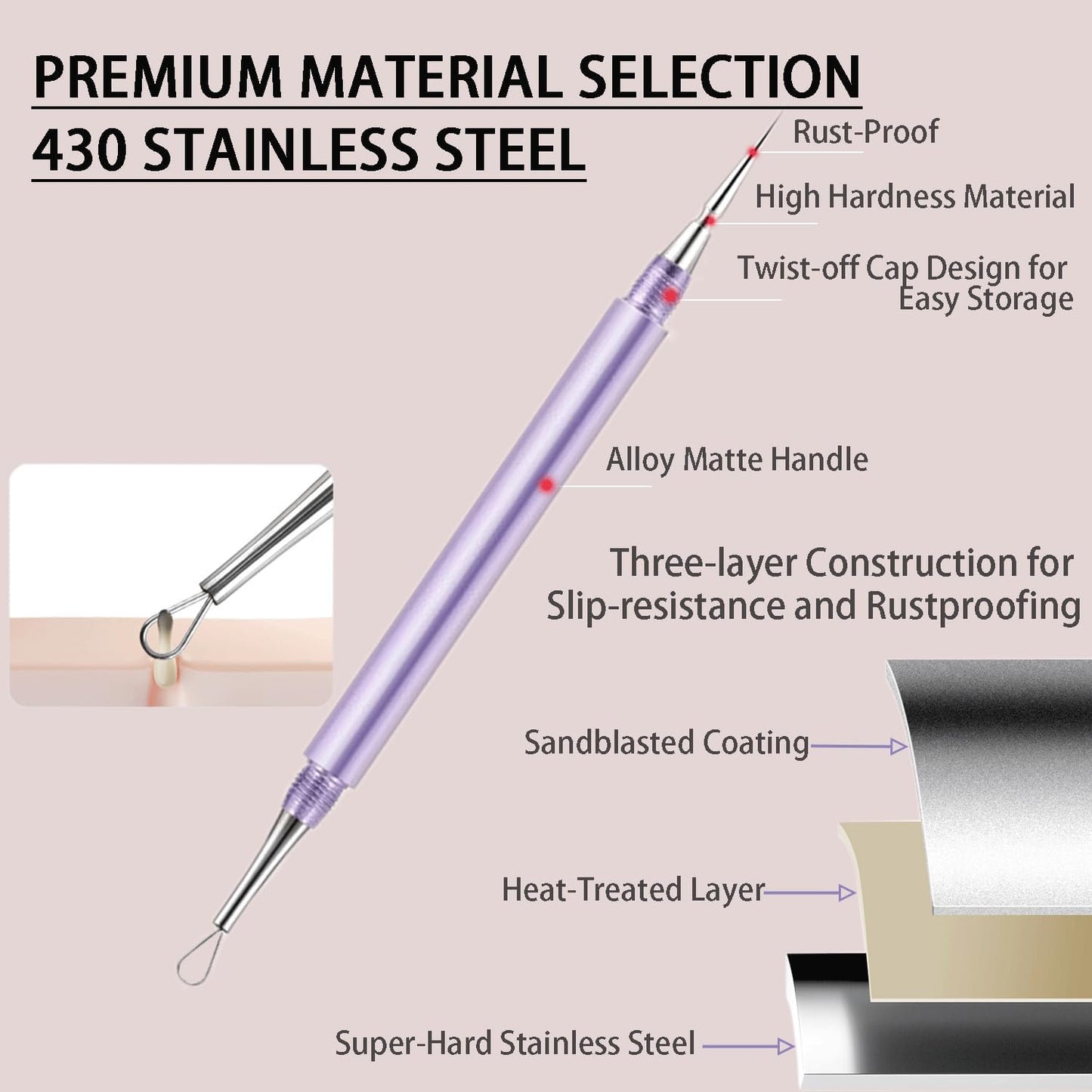 2-in-1 Professional Stainless Steel Acne Removal Needle, Whitehead & Blackhead Remover Tool, Pimples Comedone Extractor Removal Tool, Double Ended Needle with Cap Removal for Nose Face Tools(Sliver)