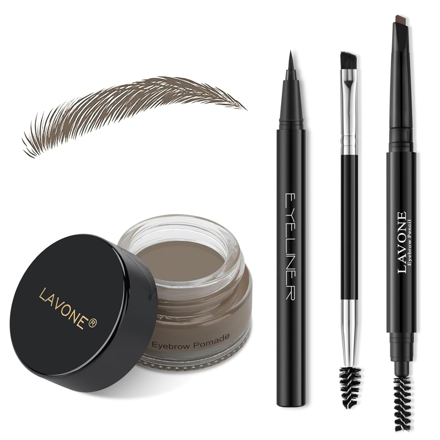 LAVONE Eyebrow Stamp Pencil Kit - Makeup Brow Stamp Trio with Waterproof Eyebrow Pencil, Eyeliner, Pomade, Dual-ended Brush - Dark Gray