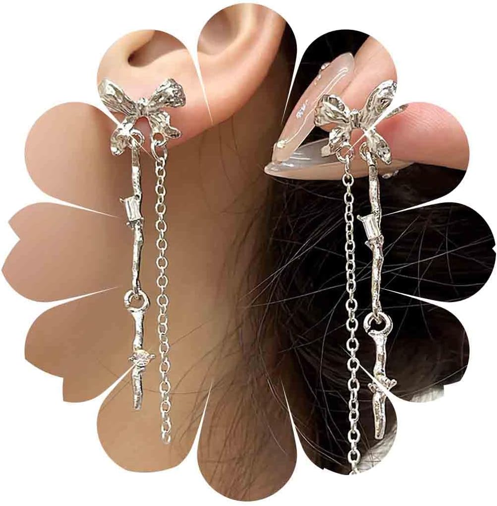 Vintage Bow Crystal Drop Earrings Silver Bar Dangle Earrings Long Crystal Bow Chain Earrings Cz Tassel Chain Earrings Jewelry for Women