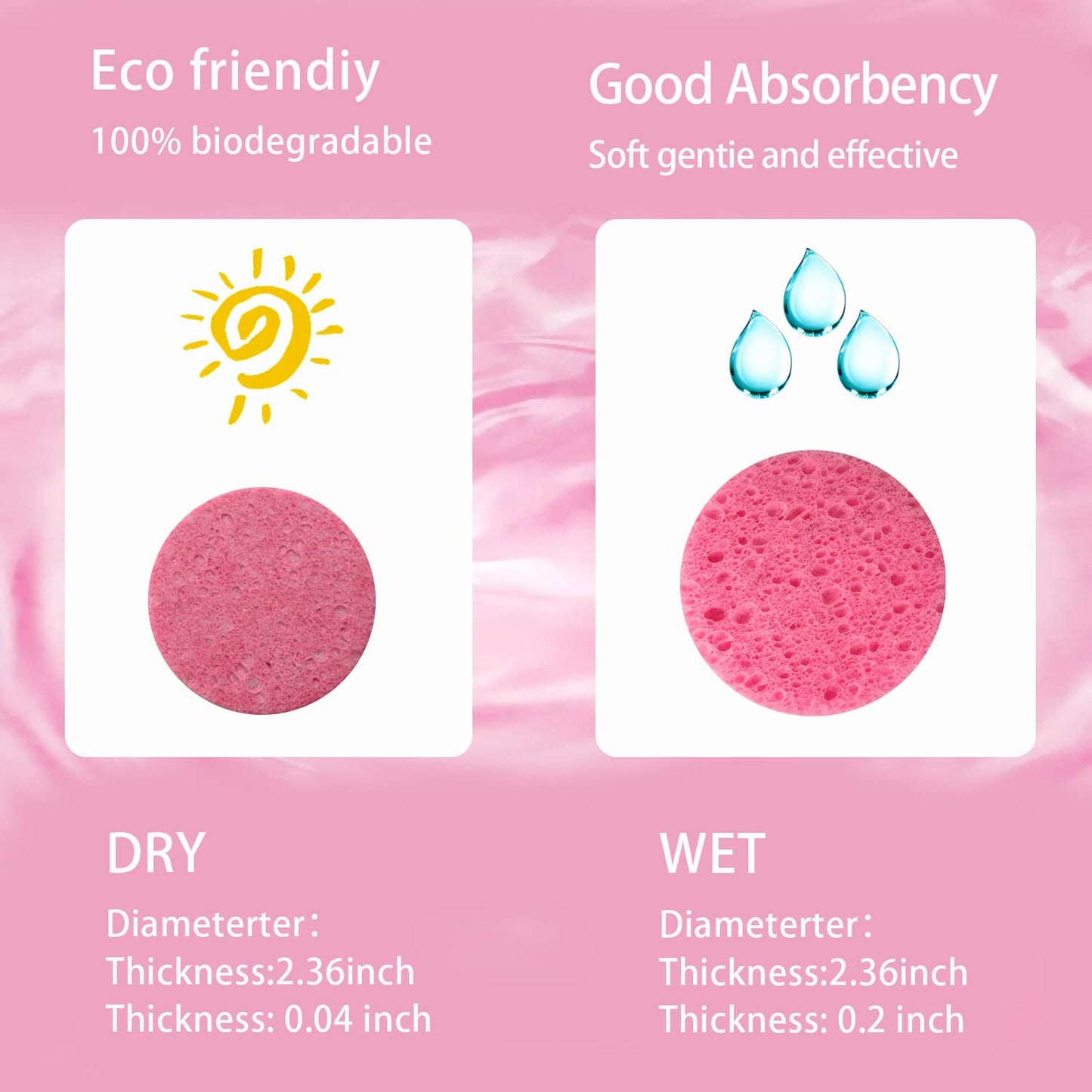 50-Count Facial Sponges, Compressed Natural Cellulose, Pink, Round Shape, Face Cleansing, Exfoliating, Makeup Removal