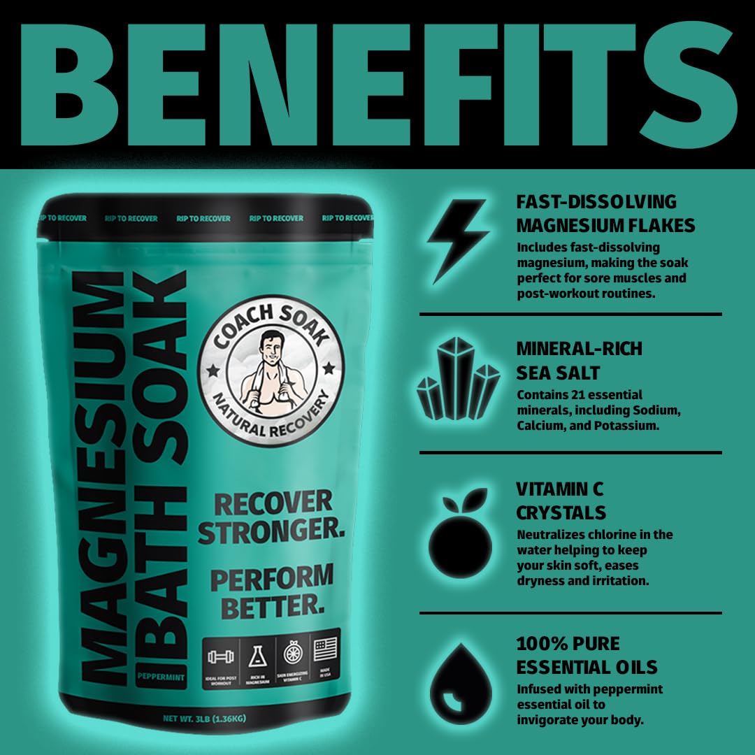 Coach Soak Magnesium Bath Soak Bundle - Bath Flakes with Peppermint & Vitamin C, Oil Spray & Cooling Lotion with MSM - (3 Pack) - Cooling Peppermint