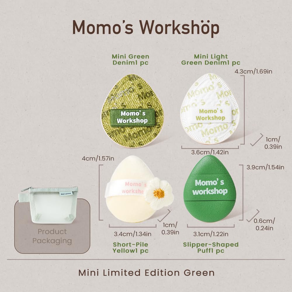 Mini Denim Makeup Sponge Set,Mini Makeup Blenders Sponge for Concealer/Blush/Highlighter, Perfect for Detail Work & Travel,4pcs Green Mini Concealer Puffs with Travel Pouch