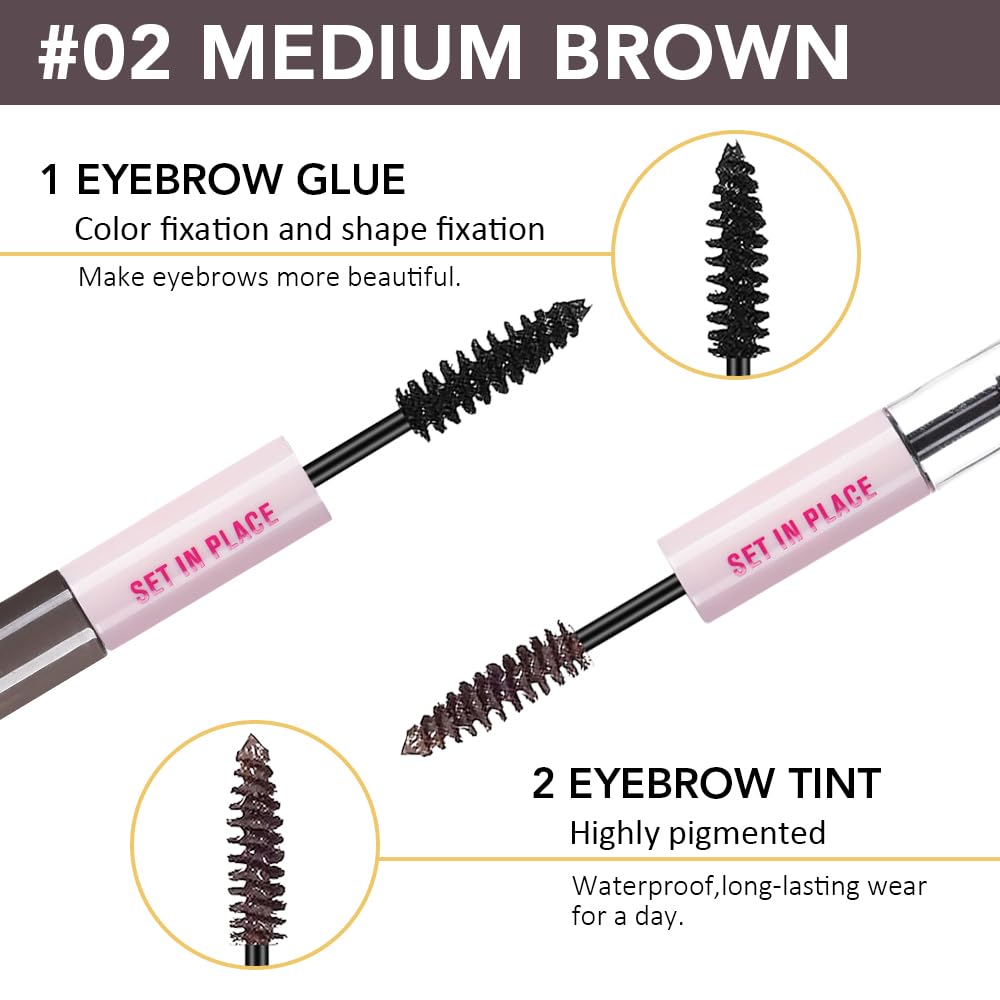 evpct 2-in-1 Tinted Brow Gel & Clear Brow Setting Glue Eyebrow Gel Kit - Strong Hold 24HR Waterproof Smudgeproof Eyebrow Makeup for Natural Soft Full Brows, Brows Enhancer Mascara Makeup - Dark Brown