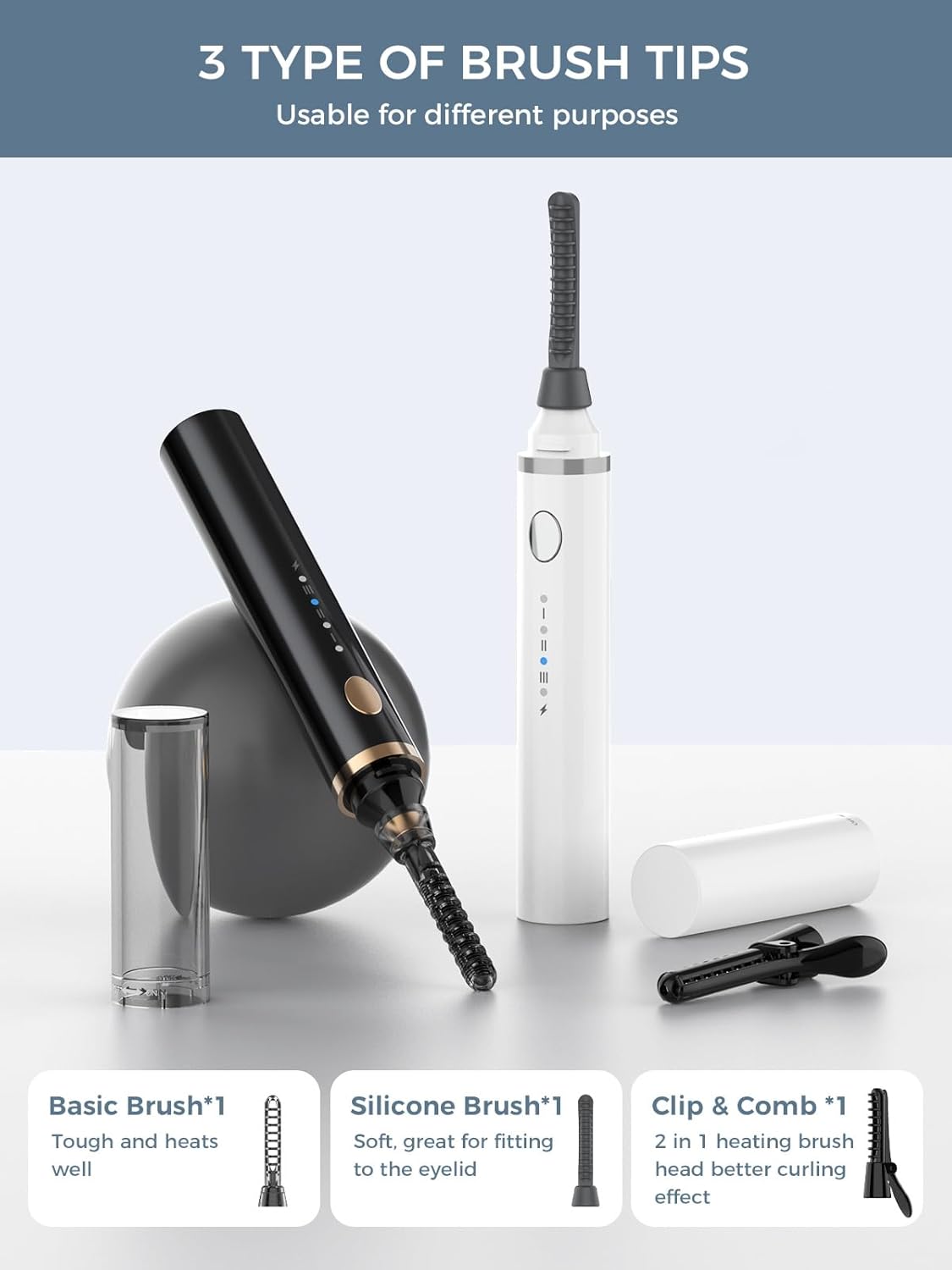 Smiling Shark Heated Eyelash Curler, 2025 New 360°Wand-Style Heated Lash Brush Rechargeable with 3 Brush Heads & 3 Temp 【Lengthen/Define/Curler】 3-in-1 Lash Curler for All Types of Lashes, Black