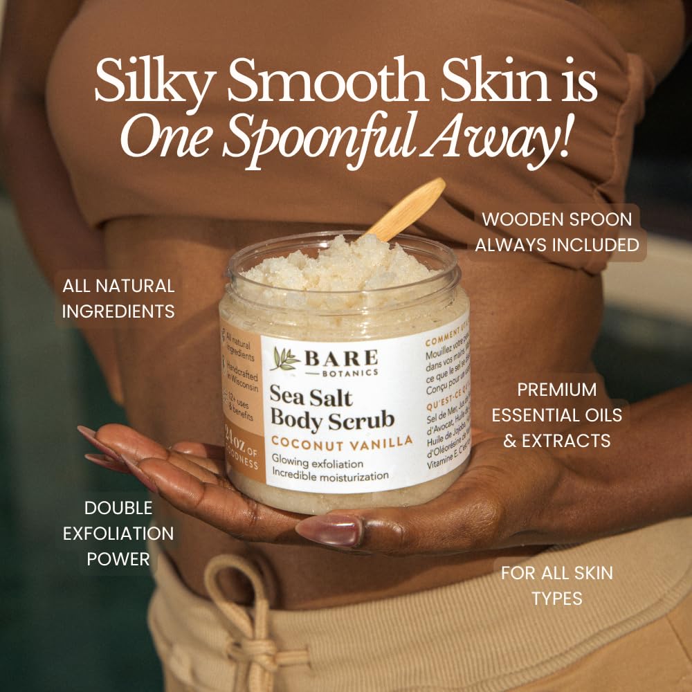 Bare Botanics Coconut Vanilla Body Scrub 24oz | Made in Madison, WI | All Natural Sea Salt Exfoliator w/ Skin Loving Moisturizers | Vegan & Cruelty Free | Gift Ready Packaging w/ a Cute Wooden Spoon