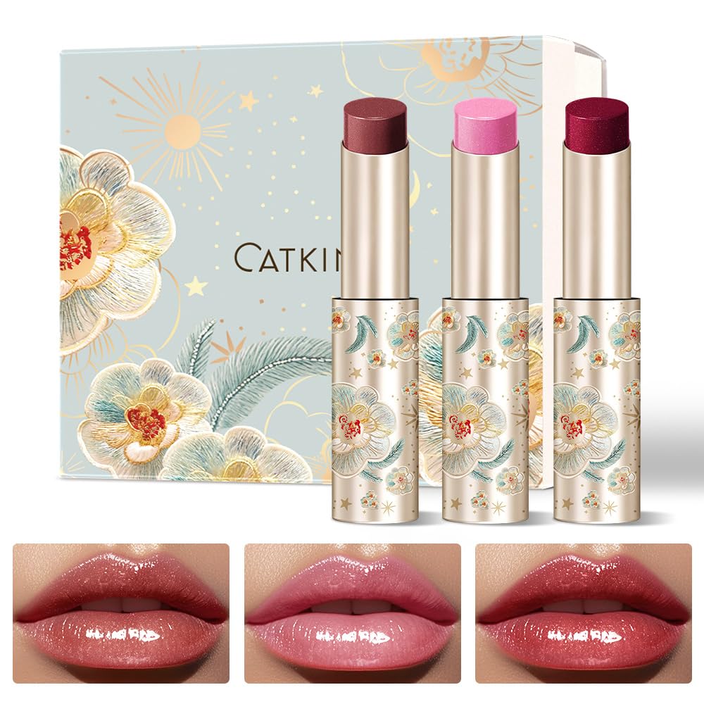 CATKIN Glossy Lip Balm 3pcs Gift Set, Ultra Hydating Glow Lip Tinted Jelly Plump Melting Balm Shea Butter Repair Soothing For Dry Lips Dewy Finished 0.12 oz 02