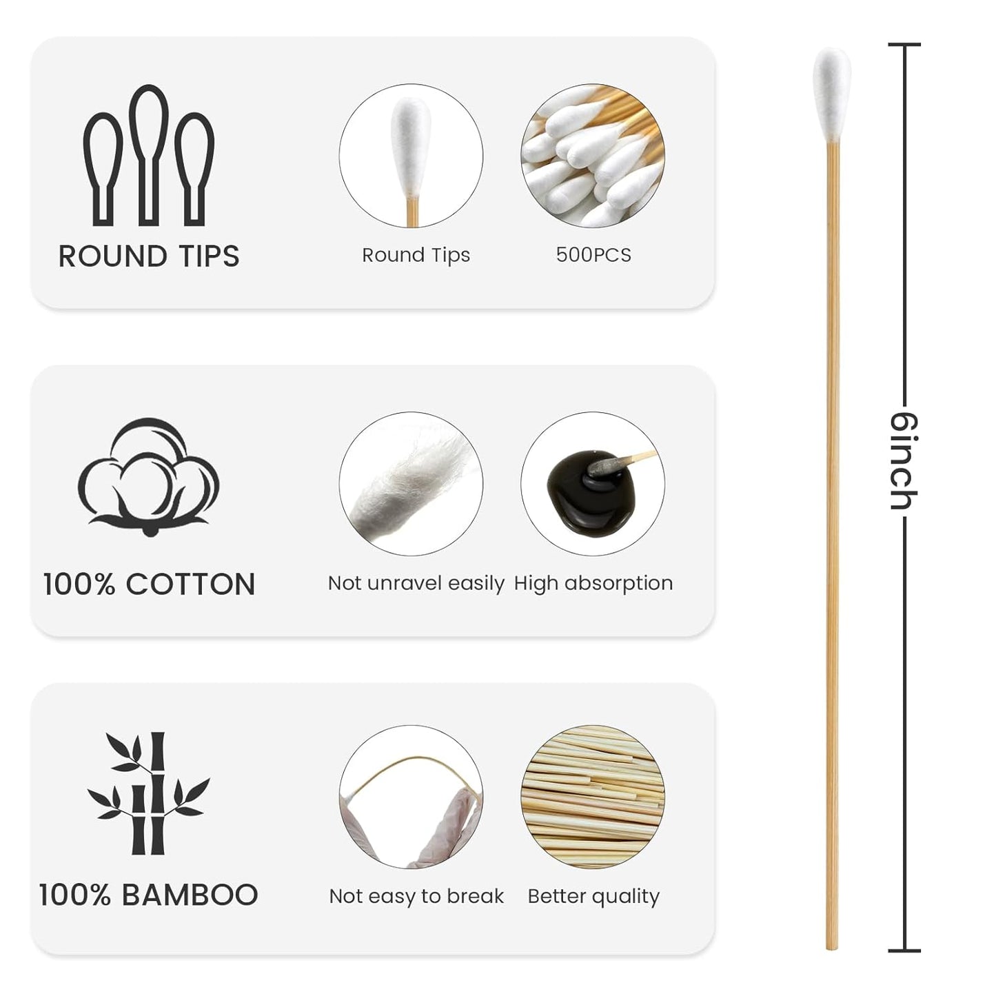 500PCS 6" Cotton Swabs with Storage Case - Lint Free Sturdy Cotton Swabs with Bamboo Handle - Long Cotton Swab for Gun Cleaning, Makeup, Electronic