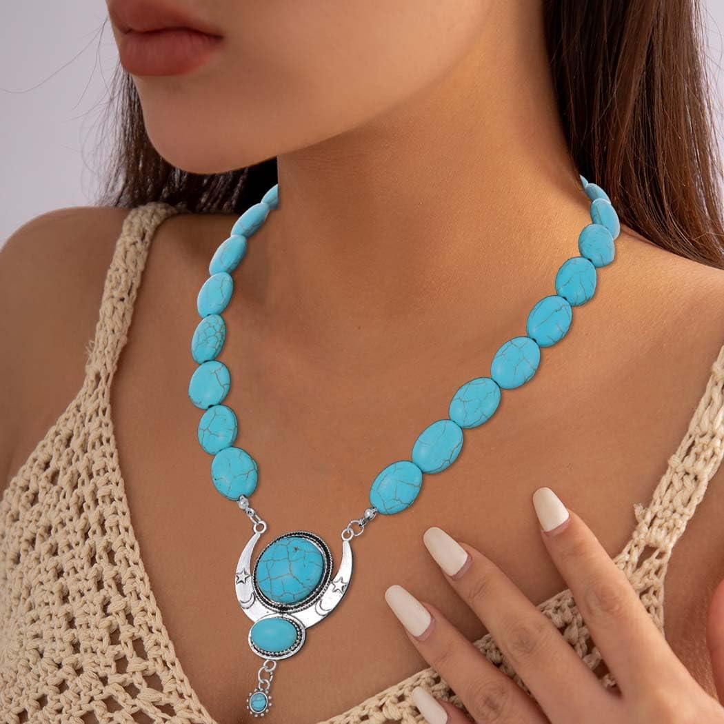 Y2K Necklace Puffy Turquoise Beaded Necklaces Pendant Boho Necklace Leather Choker Wrap Necklaces Jewelry for Women