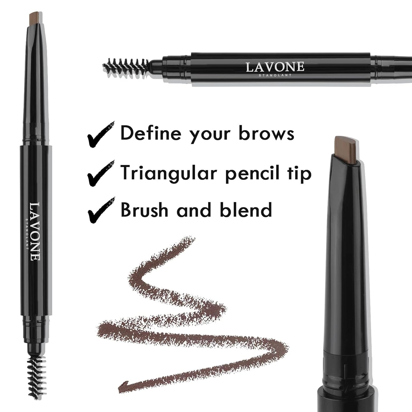 LAVONE Eyebrow Stamp Stencil Kit - Brow Stamp Trio with Waterproof Pencil, Pomade, 20 Stencils, Dual-ended Brush and Sponge Applicator - Dark Coffee