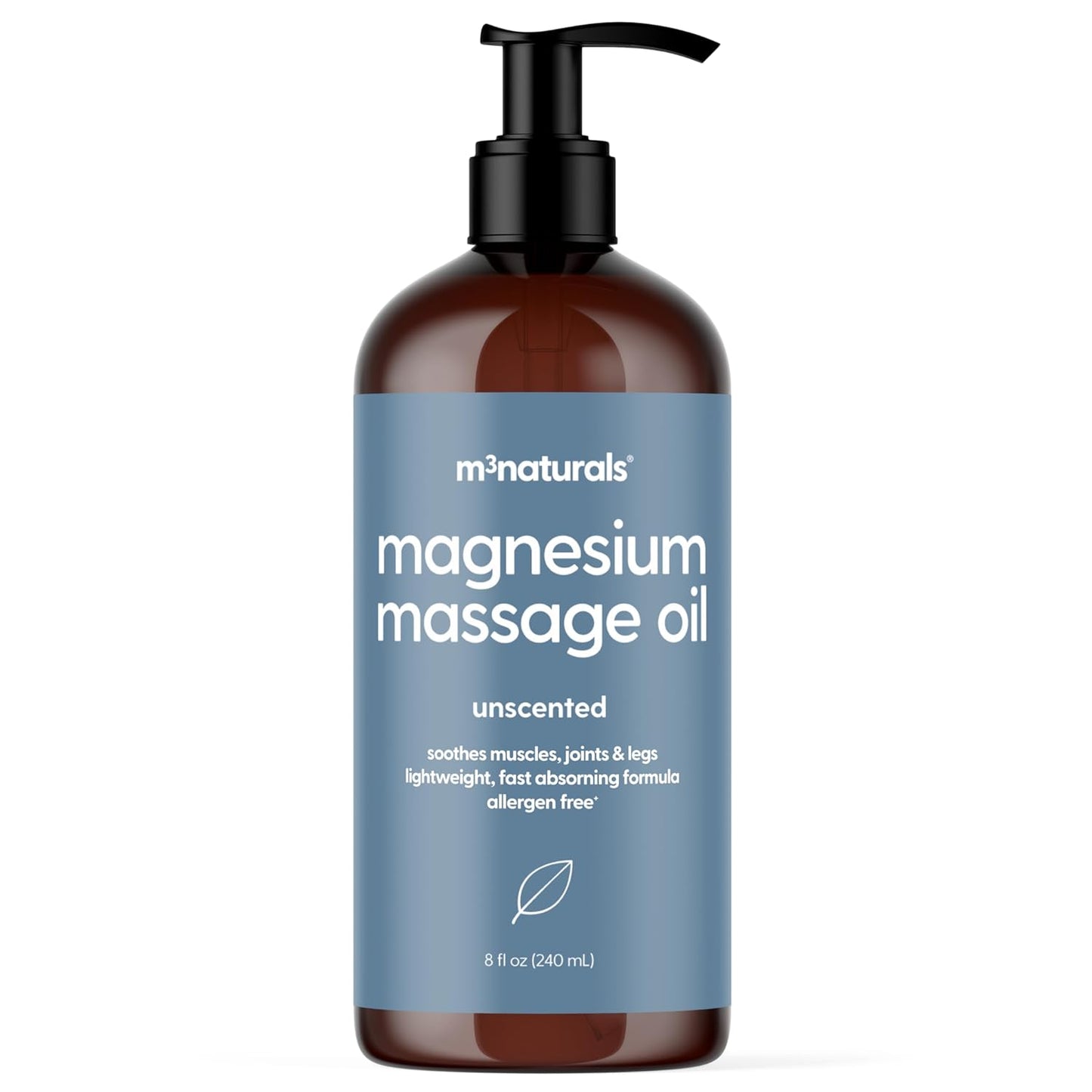 Unscented Magnesium Massage Oil for Sore Muscles, Feet, Joints and Leg Cramps, Helps with Sleeping and Post-Workout Recovery, Fragrance Free Formula for Sensitive Skin, 8 fl oz by M3 Naturals