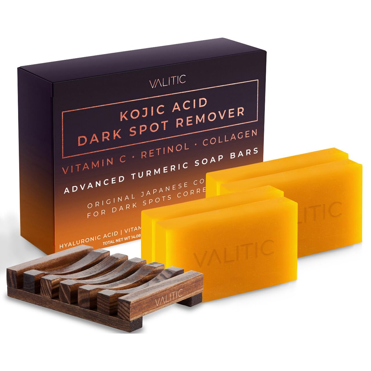 Valitic Kojic Acid Dark Spot Remover Soap Bar with Vitamin C, Retinol, Collagen, Turmeric - Original Japanese Complex - Hyaluronic Acid, Vitamin E, Shea Butter, Castile Oil ( 4 Pack ) With Soap Holder