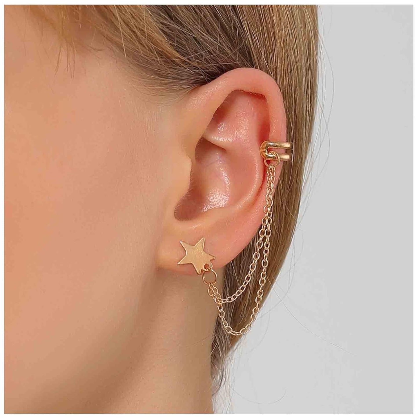 Boho Star Cartilage Chain Earrings Gold Long Chain Dangle Earrings Minimal Ear Cuff Chain Earrings Helix Lobe Chain Earrings Jewelry for Women and Girls