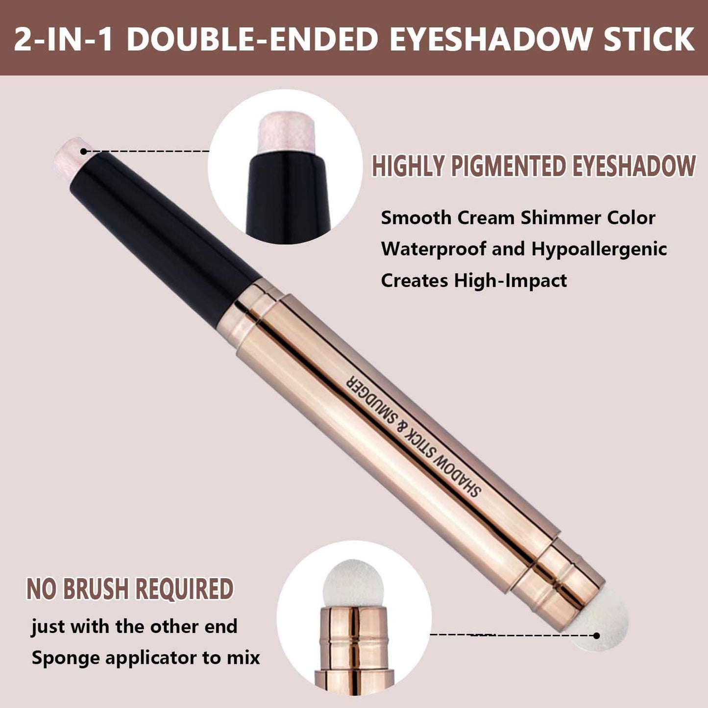 Light Gold Eyeshadow Stick Makeup, Waterproof Hypoallergenic Long Lasting Crayon, Glitter Primer Palette Shimmer Eyeliner Pen with Soft Brush
