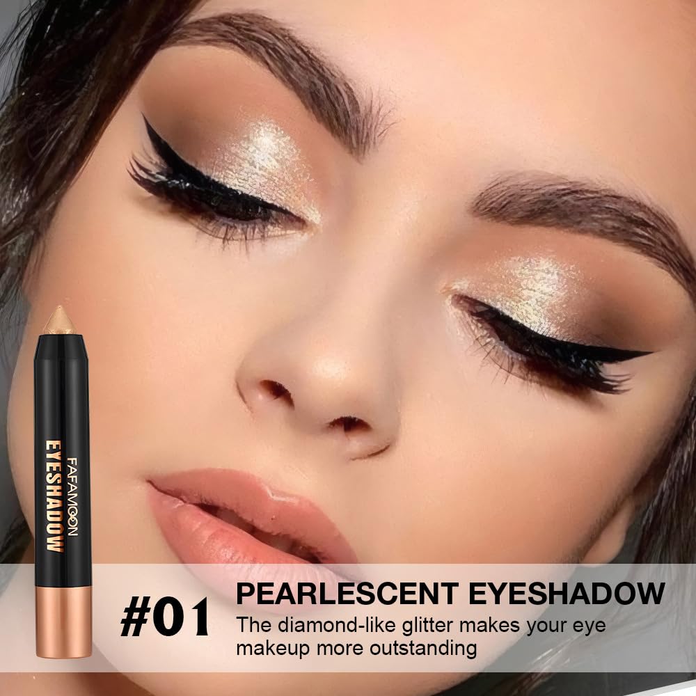Monochrome Cream Glitter-Shimmer Eye Shadow Stick Palette makeup | 2-in-1 Eyeshadow & Eyeliner Pencil for Women | Waterproof, Vegan & Cruelty-Free | Sombras Para Ojos | 01 Shimmer Light Gold