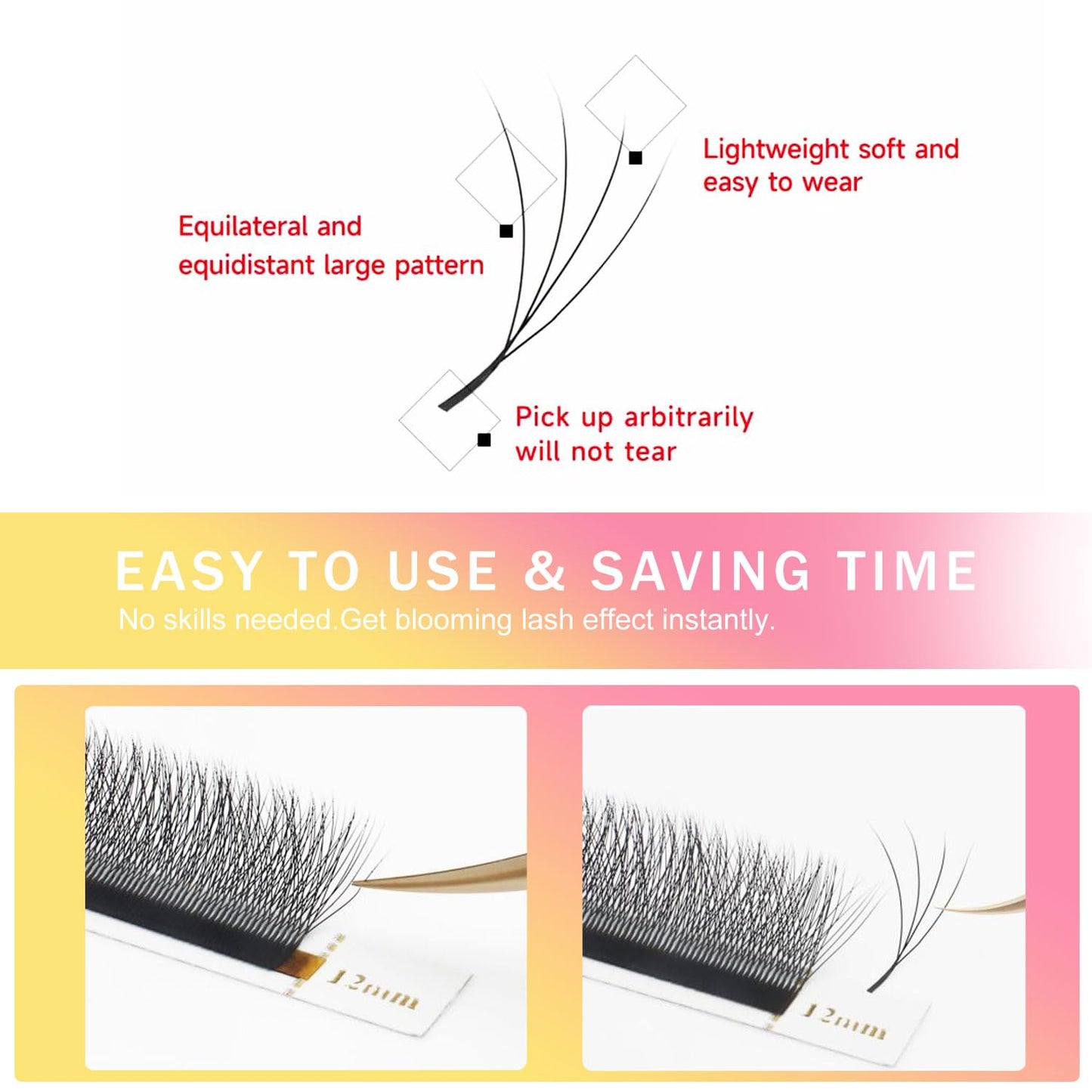 Lash Extensions 4D Eyelash Extensions W Lashes 0.07mm Thickness D Curl Lashes 8mm Soft Lash Trays Pestañas Pelo a Pelo Natural Matte Black False Eyelashes Individual Lashes(W-4D-0.07-D,8mm)