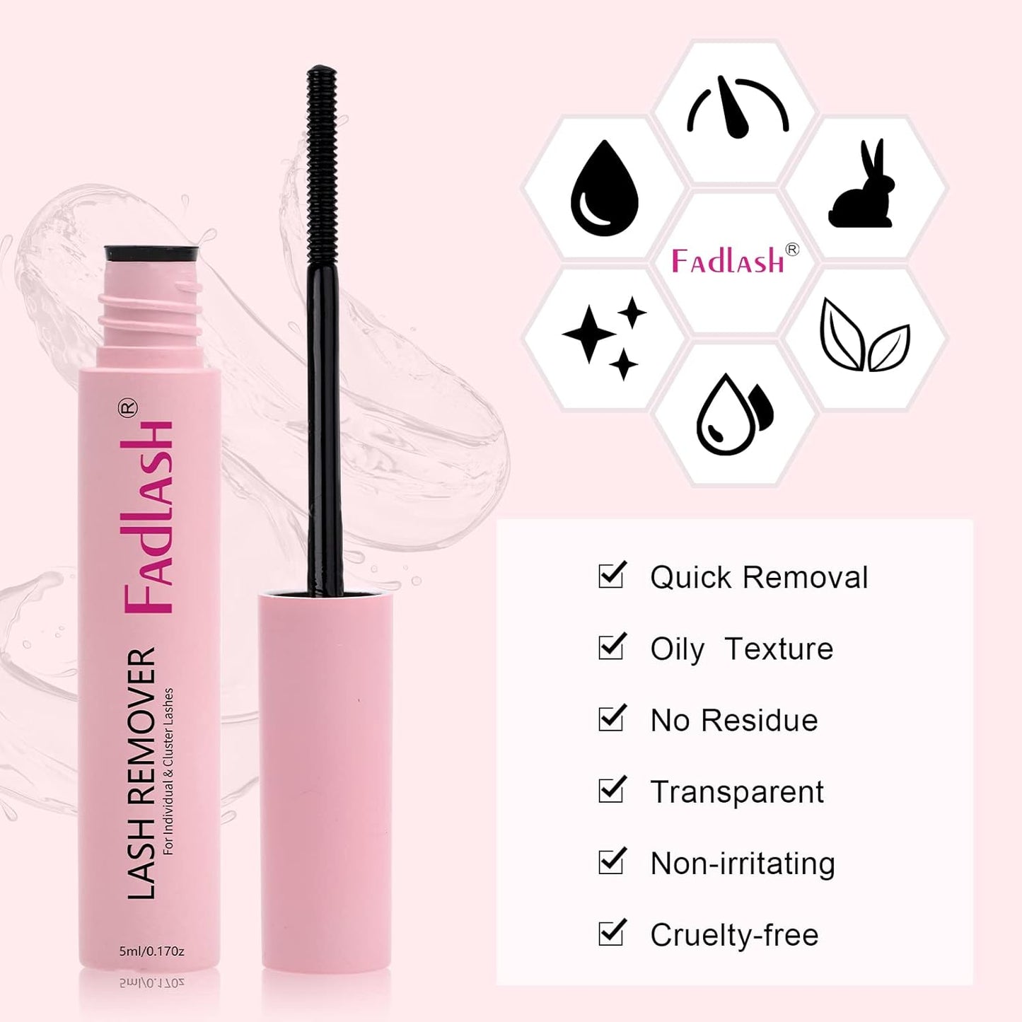 FADLASH Lash Glue Remover 5 ML for Cluster Lashes Soothing Oil Lash Remover Mascara Wand Eyelash Glue Remover Self Use at Home