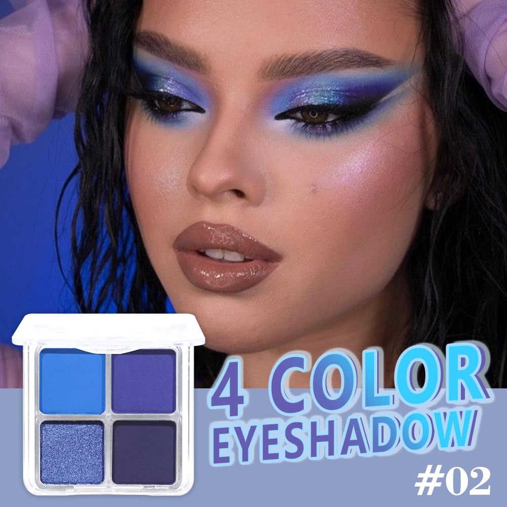 Navy Blue 4Colors Eyeshadow Makeup Palette,Royal Blue Natural Neutral Powde Eye Shadow Palettes for Older Women,Long Lasting Naturing-Looking,Lightweight,Waterproof,Eye Makeup Kit Travel Size,Vegan