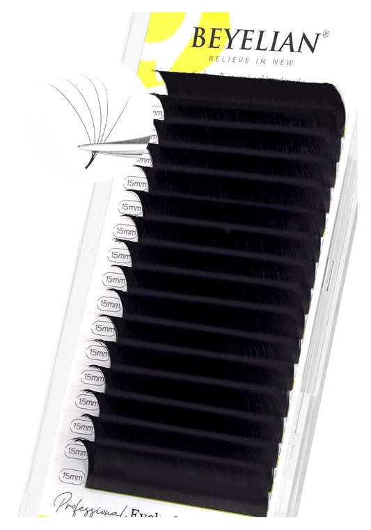 BEYELIAN Eyelash Extension 0.05 D+ Curl 15mm Tray Easy Fan Lash Extensions Volume Lashes 100°/212°F High Temperature Resistant Classic Professional Use Natural Matte Black (0.05 D+ 15mm)