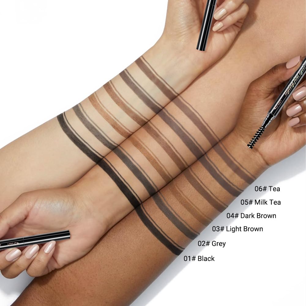 Thin Eyebrow Pencils for Women - 5 Pack Waterproof Micro Dual-Ended Ultra-Fine Tip Brow Pen & Spoolie Brush, Formula for Natural Hair Strokes, Filling, Shaping - Dark Brown