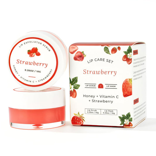 Lip Mask & Scrub Set(Strawberry + Honey + VC), Overnight Moisturizer for Cracked & Dry Lips Care, Hydrating Plumper Kit, Sugar Exfoliator Gift for Women