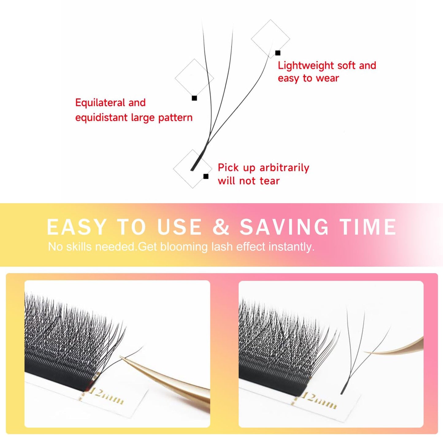 W Lash Extensions Supplies 3D Eyelash Extensions W Shape 0.07mm Thickness D Curl 12mm Premade Fans Easy Fan Lashes Volume Matte Black 12 Rows Crisscross Eye Lashes(W-3D-0.07-D,12mm)